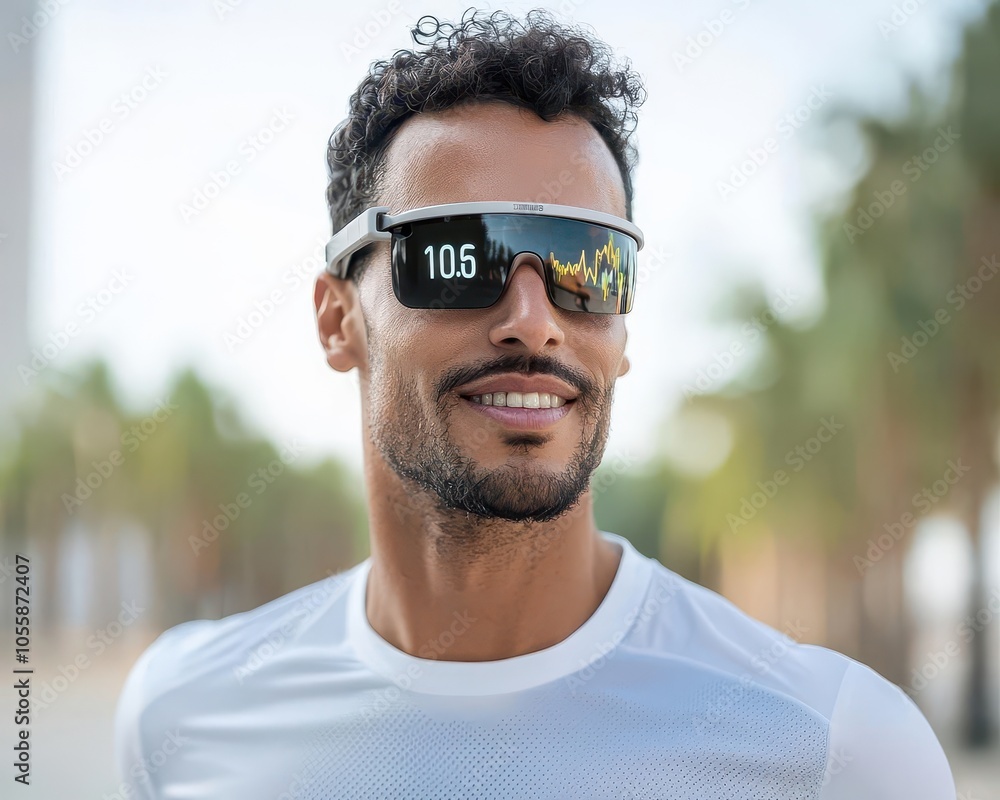 Smart glasses projecting fitness metrics, user jogging in park, techoptimized workout Smart glasses projecting fitness metrics, user jogging in park, techoptimized workout