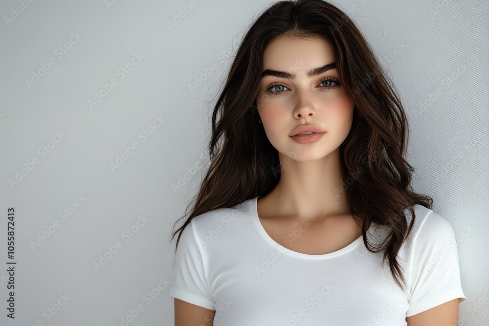 A beautiful young woman in a fitted white T-shirt poses under soft studio lighting, against a seamless white background. A beautiful young woman in a fitted white T-shirt poses under soft studio lighting, against a seamless white background.