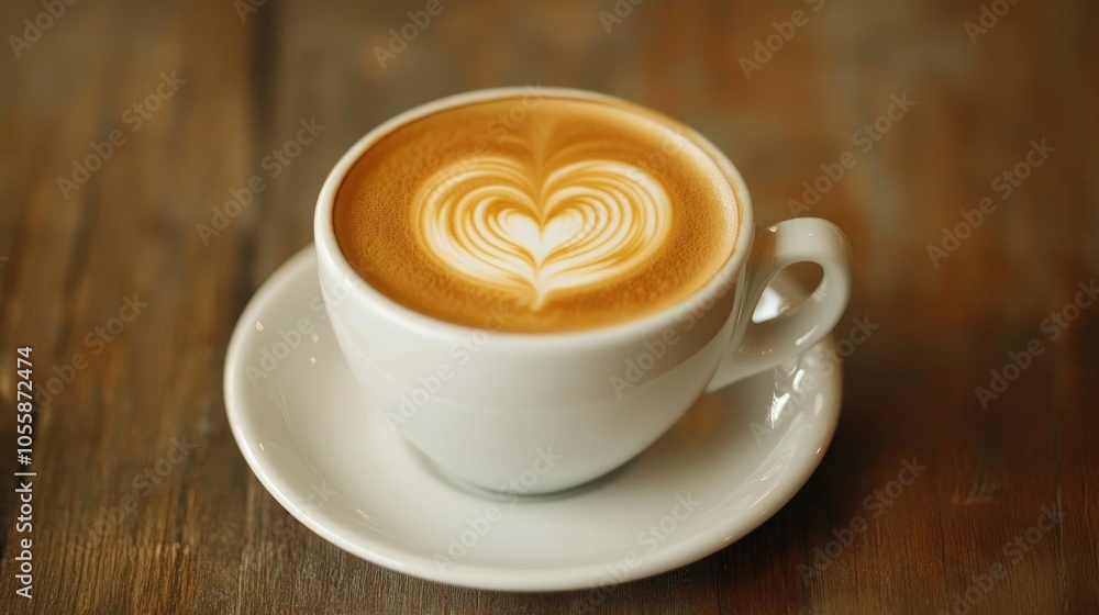 A close up view of latte art shaped like a heart in a coffee cup set on a textured wooden table A close up view of latte art shaped like a heart in a coffee cup set on a textured wooden table