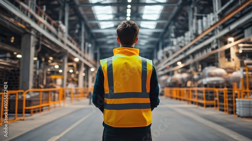 A worker wearing a safety vest stands within a spacious industrial facility