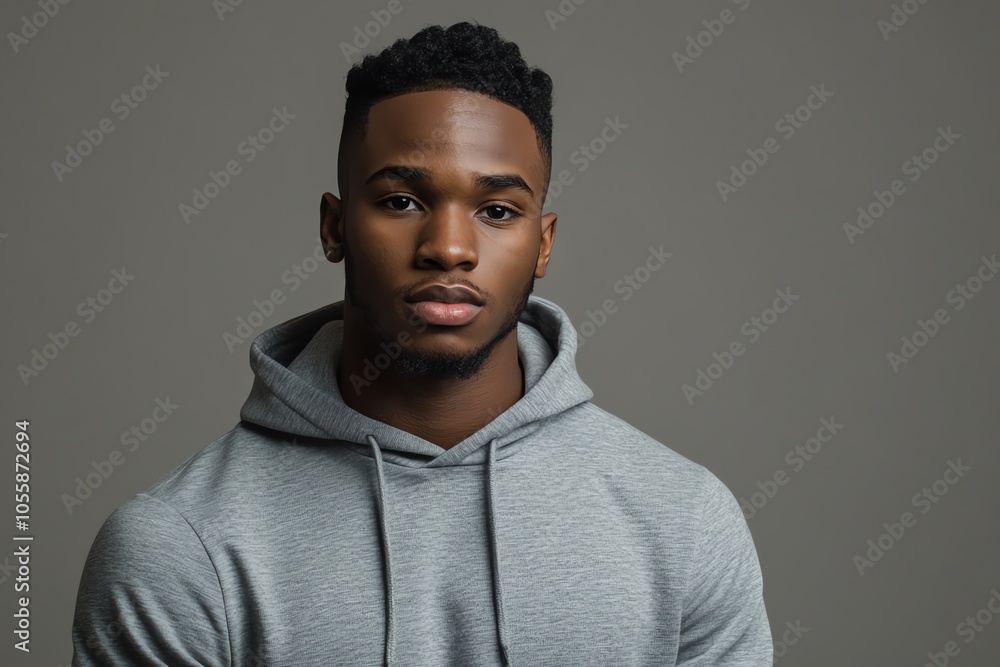 Fototapeta premium A chic African American man in a fitted hoodie stands confidently under studio lighting, with a plain gray backdrop.
