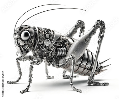 Futuristic Mechanical Cricket Robot with Intricate Gearwork Isolated on white background