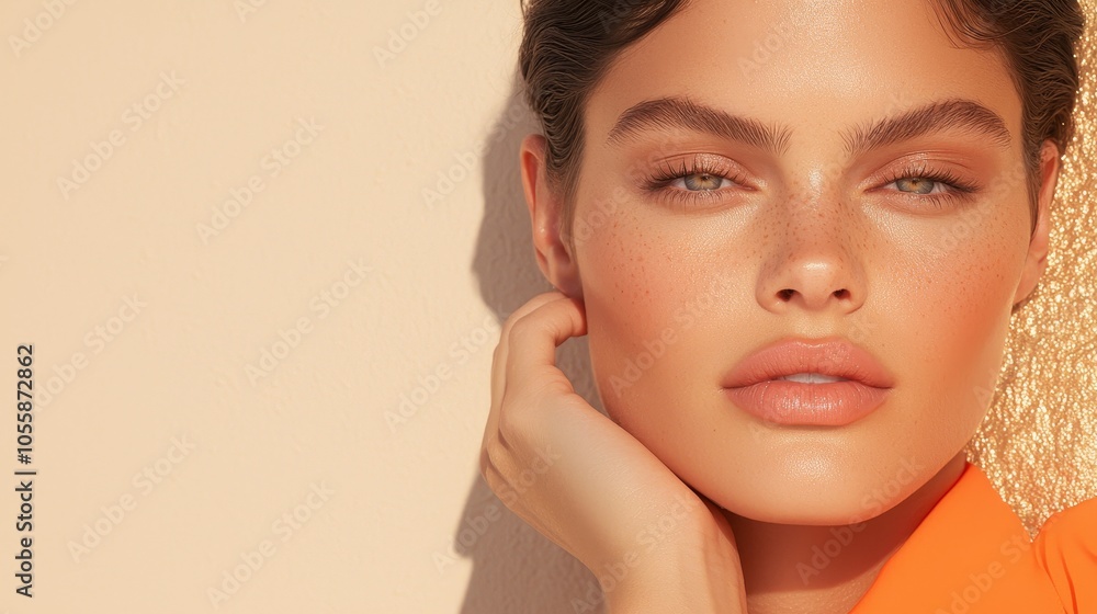 Captivating close-up of a freckled model showcasing natural beauty and radiant skin in bright orange attire against a soft background Captivating close-up of a freckled model showcasing natural beauty and radiant skin in bright orange attire against a soft background