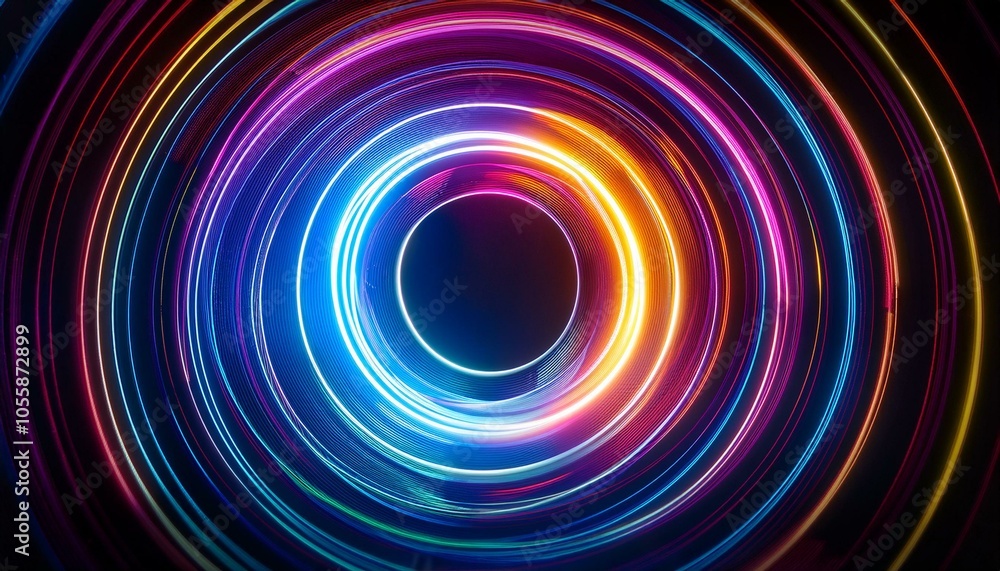 Neon circular light trail with vibrant colors on dark background. Ai generative. Neon circular light trail with vibrant colors on dark background. Ai generative.