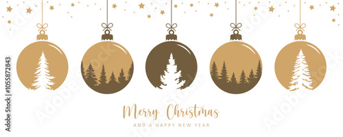 merry christmas card with hanging ball decoration with fir trees vector illustration