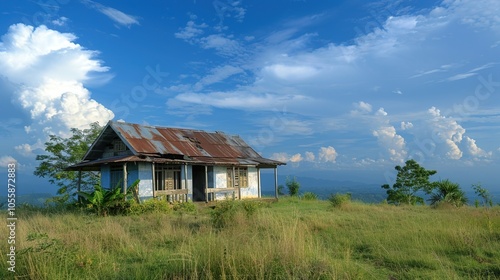 A small, weathered wooden house stands alone on a grassy hillside, with a blue sky and fluffy clouds above.