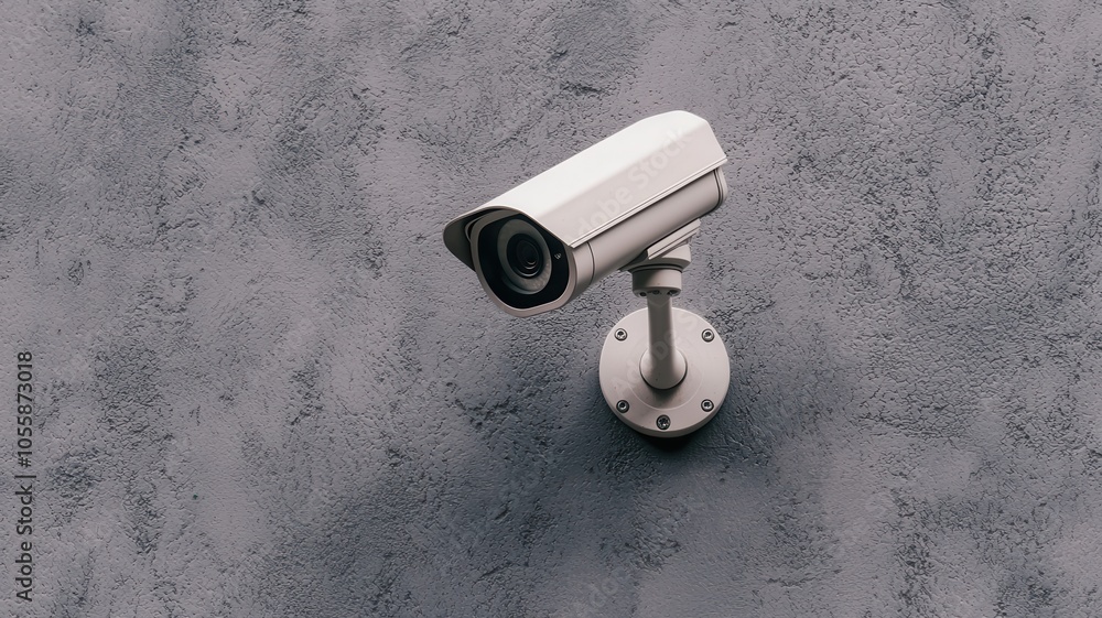 Surveillance camera mounted on a textured wall.