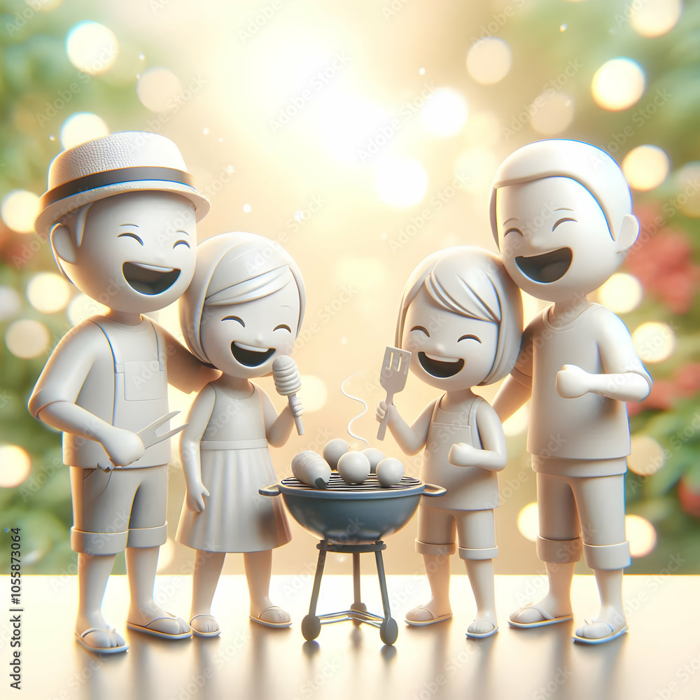 Obraz premium 3D Family BBQ Outdoor Scene Soft Bokeh Nature Background Joyful Connection and Laughter Copy Space Icon Isolated White Background for Promotional Use