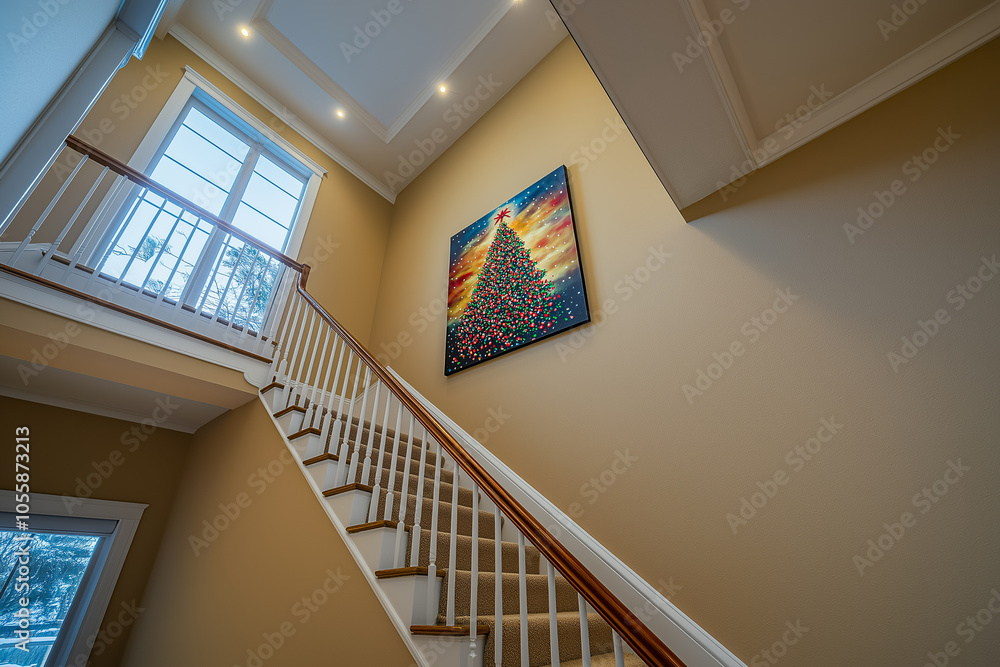 Obraz premium Carpeted grand wooden staircase in white-walled condo