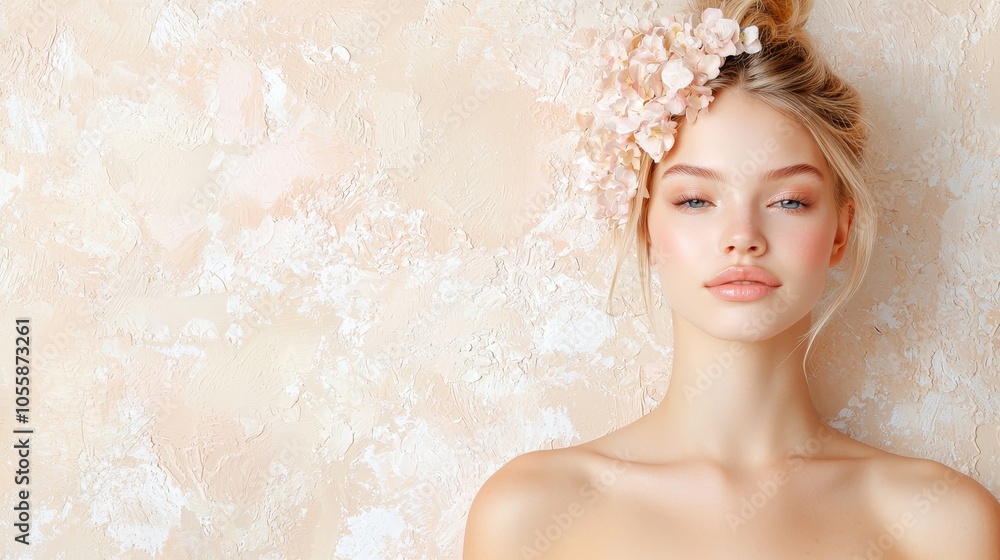 Captivating portrait of a young woman adorned with delicate floral accents against a soft textured background Captivating portrait of a young woman adorned with delicate floral accents against a soft textured background