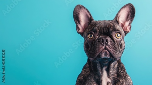 Wallpaper Mural Lilac brindle French Bulldog with yellow eyes sitting against a blue backdrop Torontodigital.ca