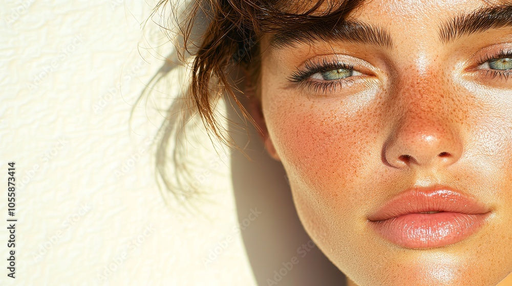 Captivating close-up of a young woman highlighting natural beauty and radiant skin in soft light against a minimalist background Captivating close-up of a young woman highlighting natural beauty and radiant skin in soft light against a minimalist background