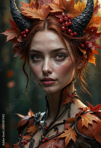 Autumn Woodland Sorceress with Horned Crown and Leaf-Adorned Armor
