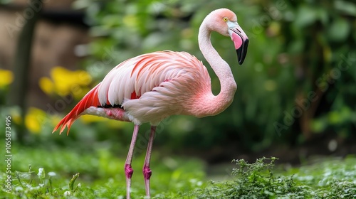 Chilean flamingo a striking bird known for its vibrant pink feathers and long legs exhibiting its elegant posture in a natural habitat setting photo