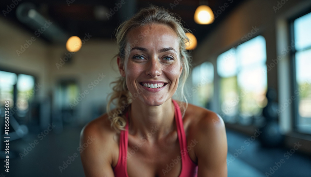 A smiling middle-aged Caucasian woman with long blonde curly hair wearing a red tank top A smiling middle-aged Caucasian woman with long blonde curly hair wearing a red tank top