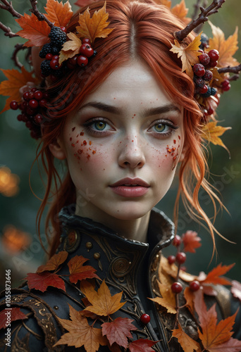 Whimsical Autumn Woodland Fairy with Red Hair and Leaf Crown