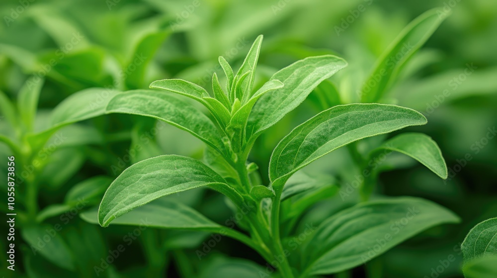 Close up view of Stevia rebaudiana leaves Detailed indoor shot showcasing the unique features of Stevia plant foliage Close up view of Stevia rebaudiana leaves Detailed indoor shot showcasing the unique features of Stevia plant foliage