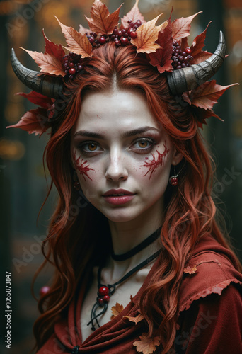 Fierce Autumn Forest Spirit with Horned Crown and Leafy Makeup