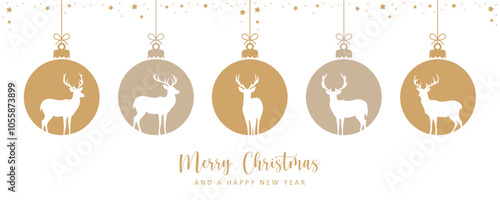 christmas greeting card with decorative christmas balls with reindeer vector illustration