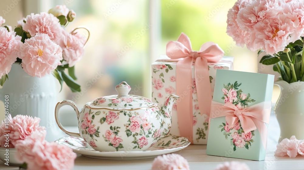 A charming tea set adorned with pink carnations a gift wrapped with a bow and a floral themed greeting card displayed on an elegantly arranged table A charming tea set adorned with pink carnations a gift wrapped with a bow and a floral themed greeting card displayed on an elegantly arranged table