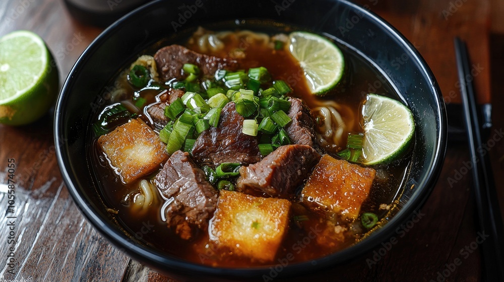 Homemade Beef Soup Consists Of Pieces Of Meat Rice Cake Soy Sauce Lime And Fried Onions Homemade Beef Soup Consists Of Pieces Of Meat Rice Cake Soy Sauce Lime And Fried Onions