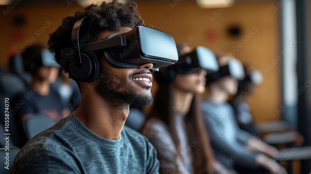 Students engaged in virtual learning with VR headsets in a modern classroom setting Students engaged in virtual learning with VR headsets in a modern classroom setting