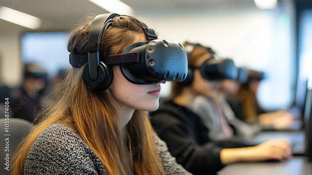 Students engaged in virtual learning with VR headsets in a modern classroom setting Students engaged in virtual learning with VR headsets in a modern classroom setting