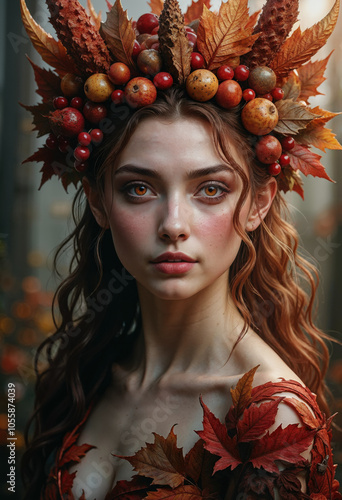 Mystical Autumn Queen with Leaf and Fruit Crown in Forest Setting