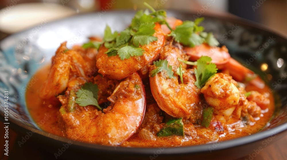 Prawn curry masala garnished with coriander embodying the essence of spicy cuisine Prawn curry masala garnished with coriander embodying the essence of spicy cuisine