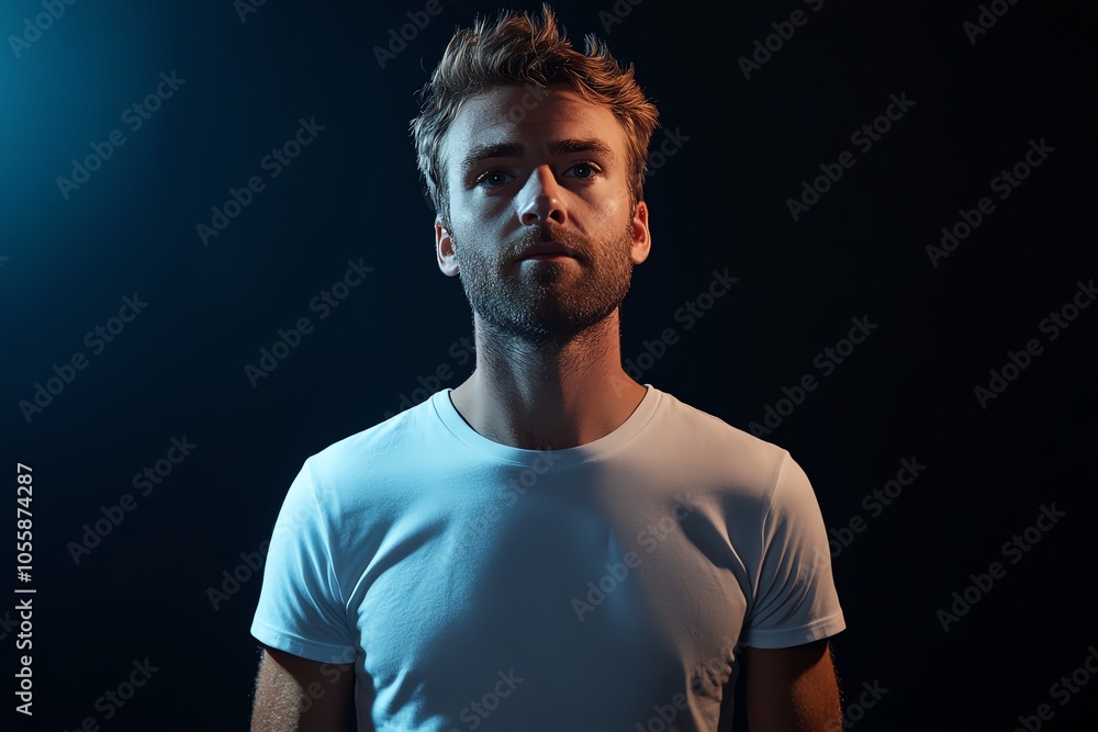 Naklejka premium A handsome man in a casual white T-shirt stands confidently under bright studio lights, with a simple black background.