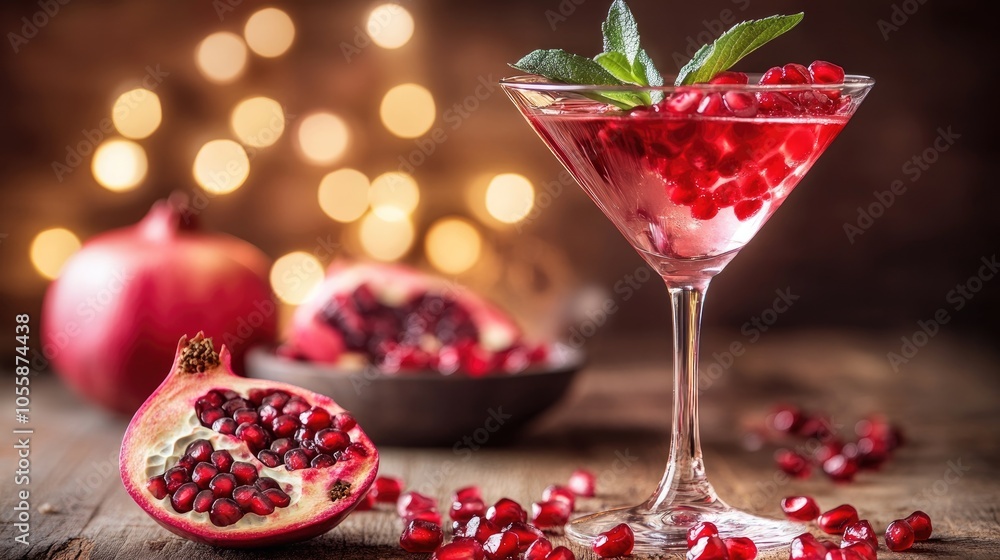 Martini with pomegranate seeds garnished in a glass Martini with pomegranate seeds garnished in a glass