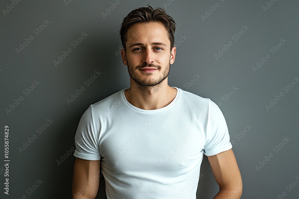 A handsome man in a white T-shirt strikes a pose under bright studio lighting, with a smooth gray background. A handsome man in a white T-shirt strikes a pose under bright studio lighting, with a smooth gray background.