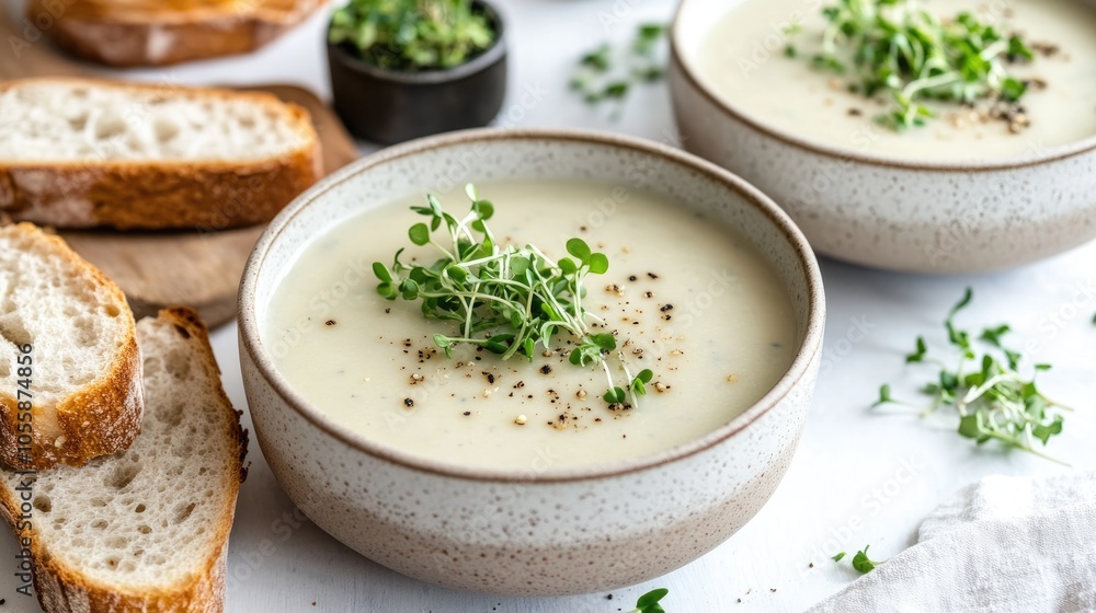 Creamy blue cheese soup served with bread and microgreens on a light backdrop Healthy eating weight loss and detox meal idea Creamy blue cheese soup served with bread and microgreens on a light backdrop Healthy eating weight loss and detox meal idea