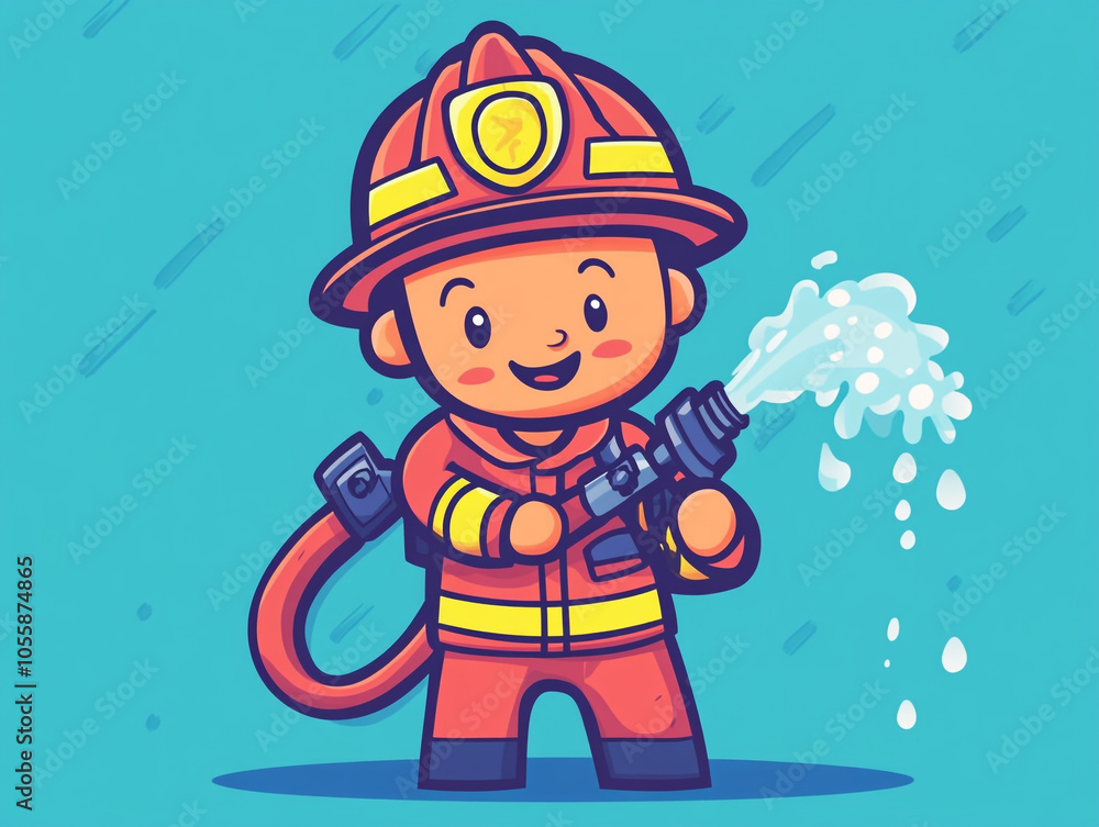 Cartoon firefighter spraying water. Cute character design logo & icon illustration with simple gradients. Cartoon firefighter spraying water. Cute character design logo & icon illustration with simple gradients.