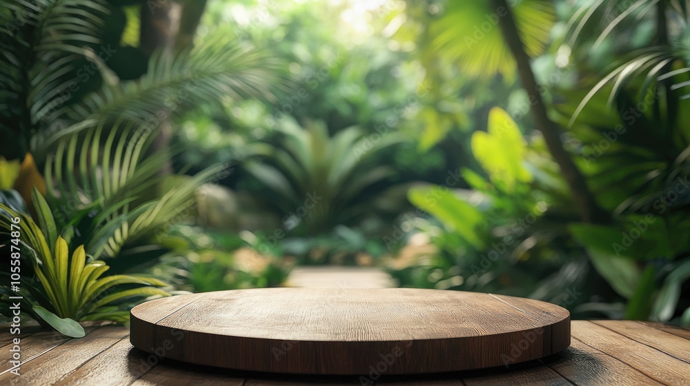 Wooden tabletop podium set in a lush outdoor tropical garden with a blurred green plant backdrop ideal for showcasing natural products Wooden tabletop podium set in a lush outdoor tropical garden with a blurred green plant backdrop ideal for showcasing natural products