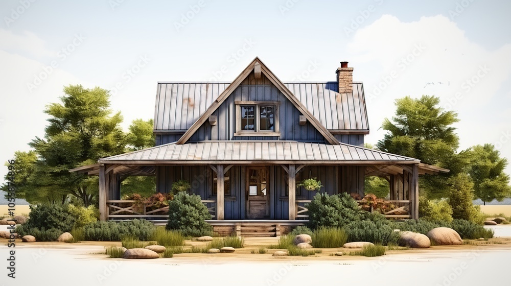 A rustic wooden cabin with a large porch and surrounded by trees and bushes on a sunny day. A rustic wooden cabin with a large porch and surrounded by trees and bushes on a sunny day.