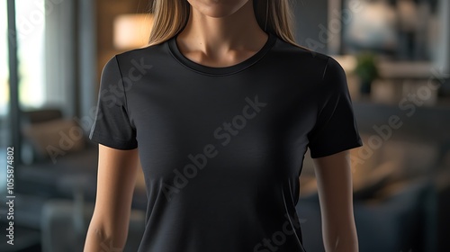 Woman wearing a plain T-shirt in a mockup shot, with a close focus on the chest area for design placement