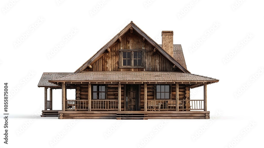 A rustic wooden cabin with a porch and chimney, isolated on a white background. A rustic wooden cabin with a porch and chimney, isolated on a white background.