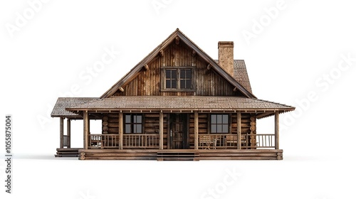 A rustic wooden cabin with a porch and chimney, isolated on a white background.