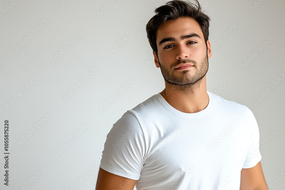 A handsome man in a white T-shirt stands confidently under bright studio lights, with a clean beige background. A handsome man in a white T-shirt stands confidently under bright studio lights, with a clean beige background.