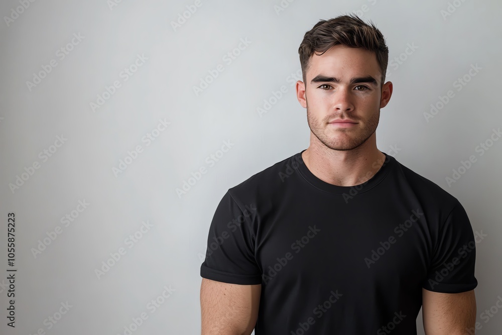 A handsome young man in a black T-shirt poses confidently under vibrant studio lighting, against a solid white backdrop. A handsome young man in a black T-shirt poses confidently under vibrant studio lighting, against a solid white backdrop.