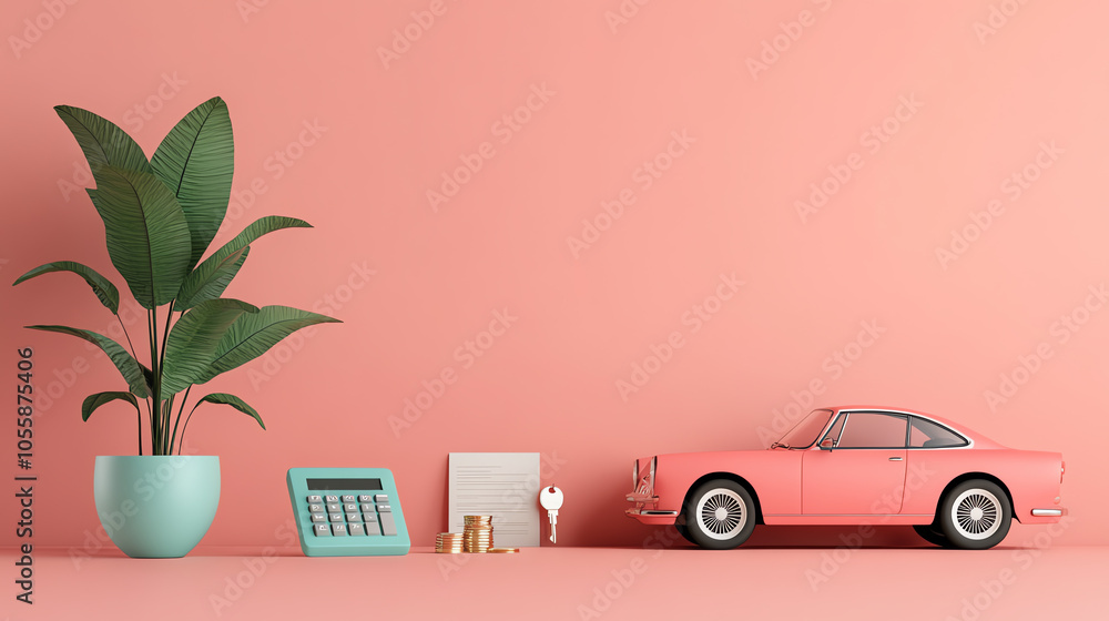 A vibrant lifestyle scene featuring a miniature car, office accessories, a green plant, and a stylish pink background, evoking creativity and inspiration. A vibrant lifestyle scene featuring a miniature car, office accessories, a green plant, and a stylish pink background, evoking creativity and inspiration.