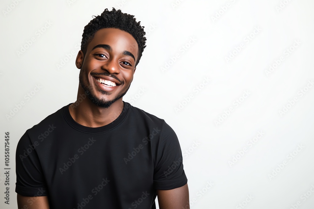 A handsome young man in a black T-shirt is illuminated by bright studio lights, against a seamless white backdrop. A handsome young man in a black T-shirt is illuminated by bright studio lights, against a seamless white backdrop.