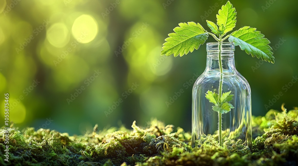 Small plant in glass jar with mossy forest background highlighting nature conservation and new beginnings Small plant in glass jar with mossy forest background highlighting nature conservation and new beginnings