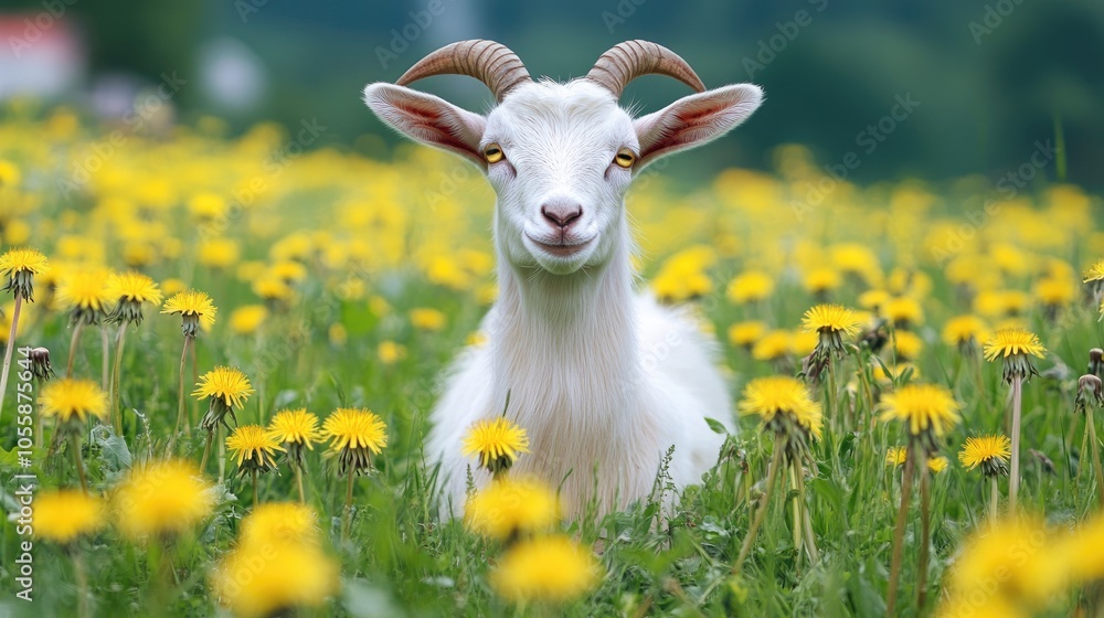 Goat with full udders gazing at the camera in a lush green meadow adorned with yellow dandelions Goat with full udders gazing at the camera in a lush green meadow adorned with yellow dandelions