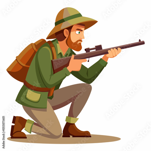 Hunter with rifle in stalking position vector illustration on white background