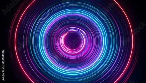Neon light swirl forming a circular pattern on a dark background. Ai generative.