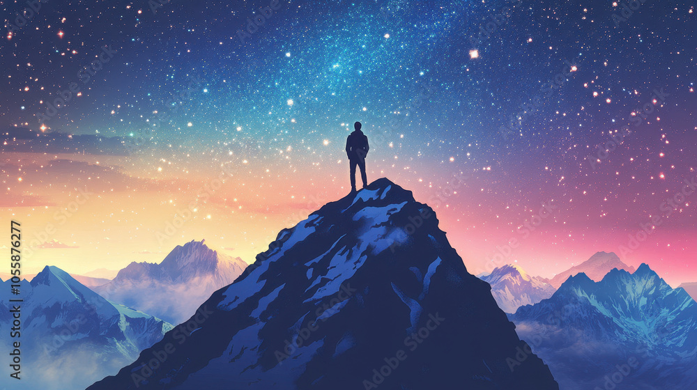 A lone figure stands on a mountain peak, gazing at a stunning starry sky during twilight. The vibrant colors create a serene and adventurous atmosphere A lone figure stands on a mountain peak, gazing at a stunning starry sky during twilight. The vibrant colors create a serene and adventurous atmosphere