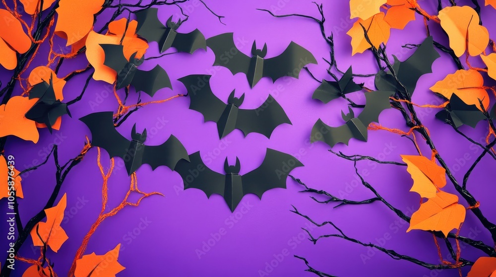 Halloween backdrop featuring garlands and paper bats in classic orange and black against a vibrant purple background Halloween backdrop featuring garlands and paper bats in classic orange and black against a vibrant purple background