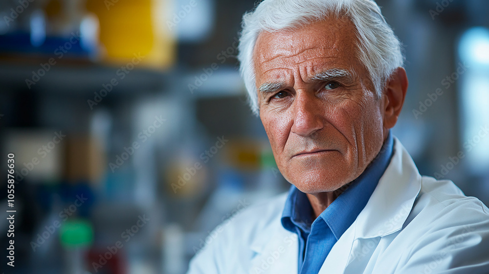 Elderly scientist in white lab coat with wise look Elderly scientist in white lab coat with wise look